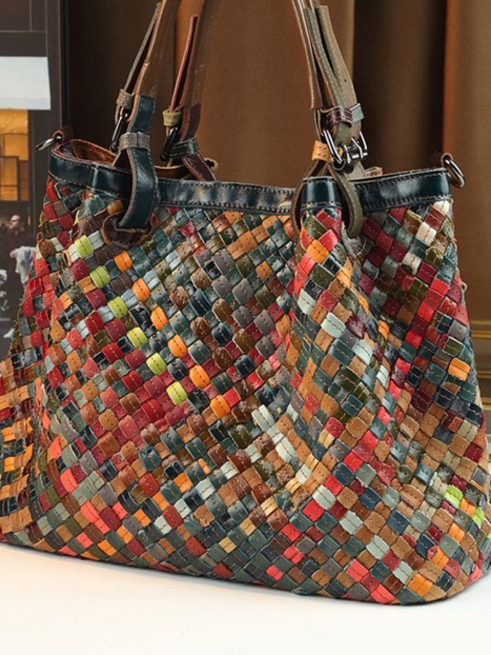 Woven Full-Grain Leather Color-Block Multicolor Tote Crossbody Bag